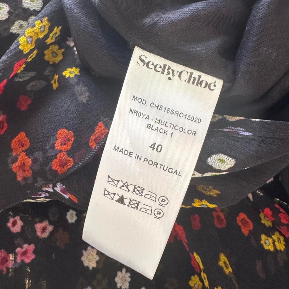 See by Chloé 100% Silk Chiffon Black Multicolor Floral Dress Red Yellow Designer - Picture 7 of 8